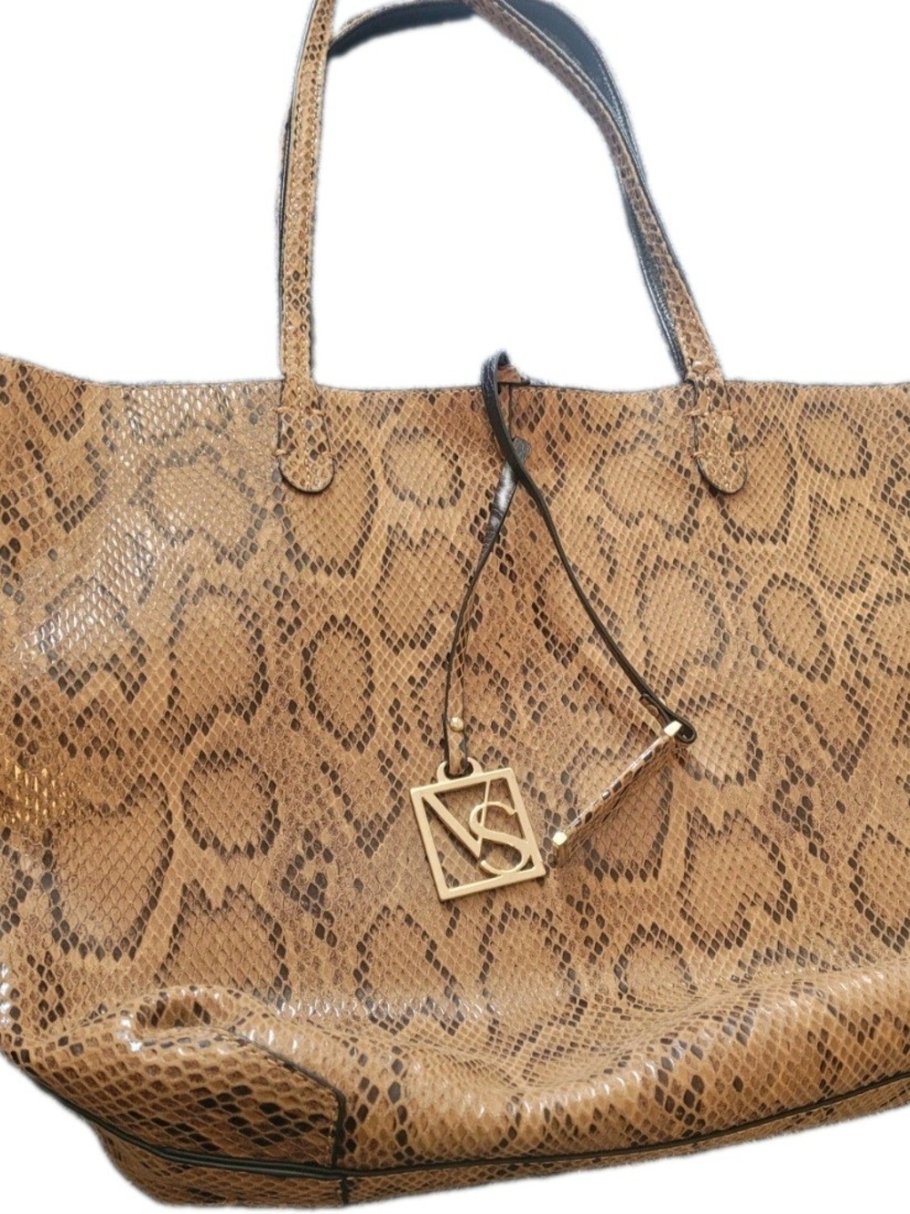 Victoria’s Secret Large Brown Tan Faux Snakeskin Tote Shoulder Bag Gold VS Charm